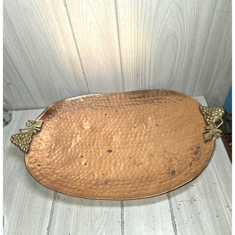Vintage Hammered Copper Tray Platter Brass Grape Handles 18 X14 Serving Tray
